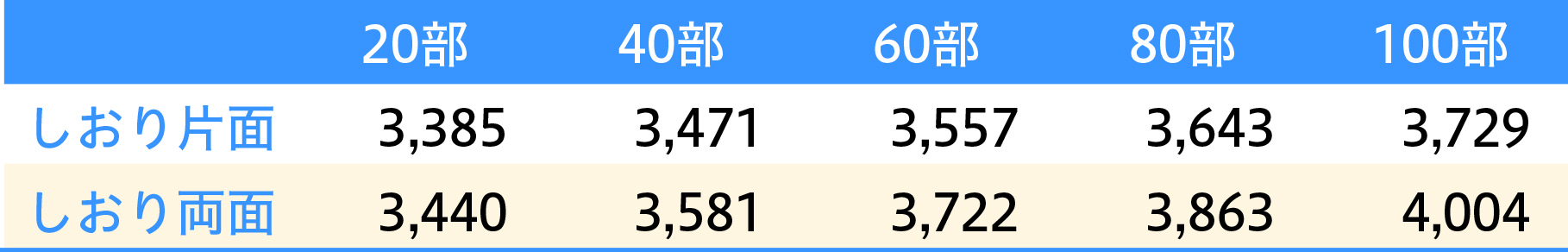 しおり（大）サイズ価格表